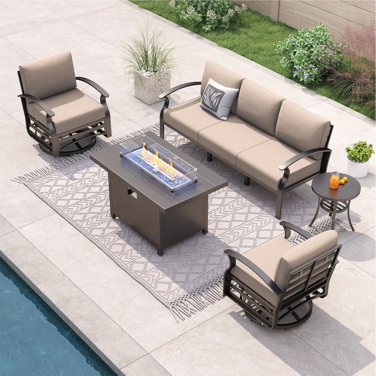 Outdoor Furniture With Fire Pit - 5-seat Aluminum Patio Sectional Sofa Set