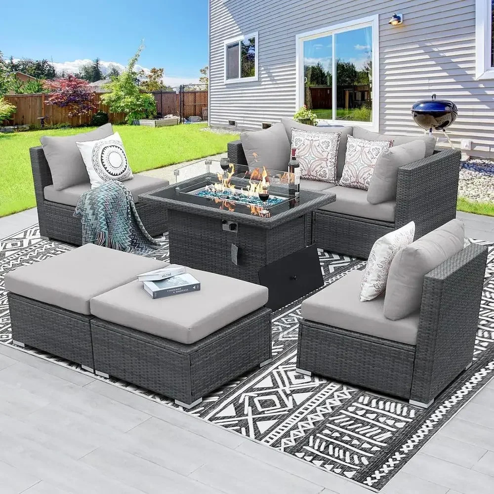 Outdoor Furniture With Fire Pit - 6-Person Weather-Resistant Outdoor Sectional Set with