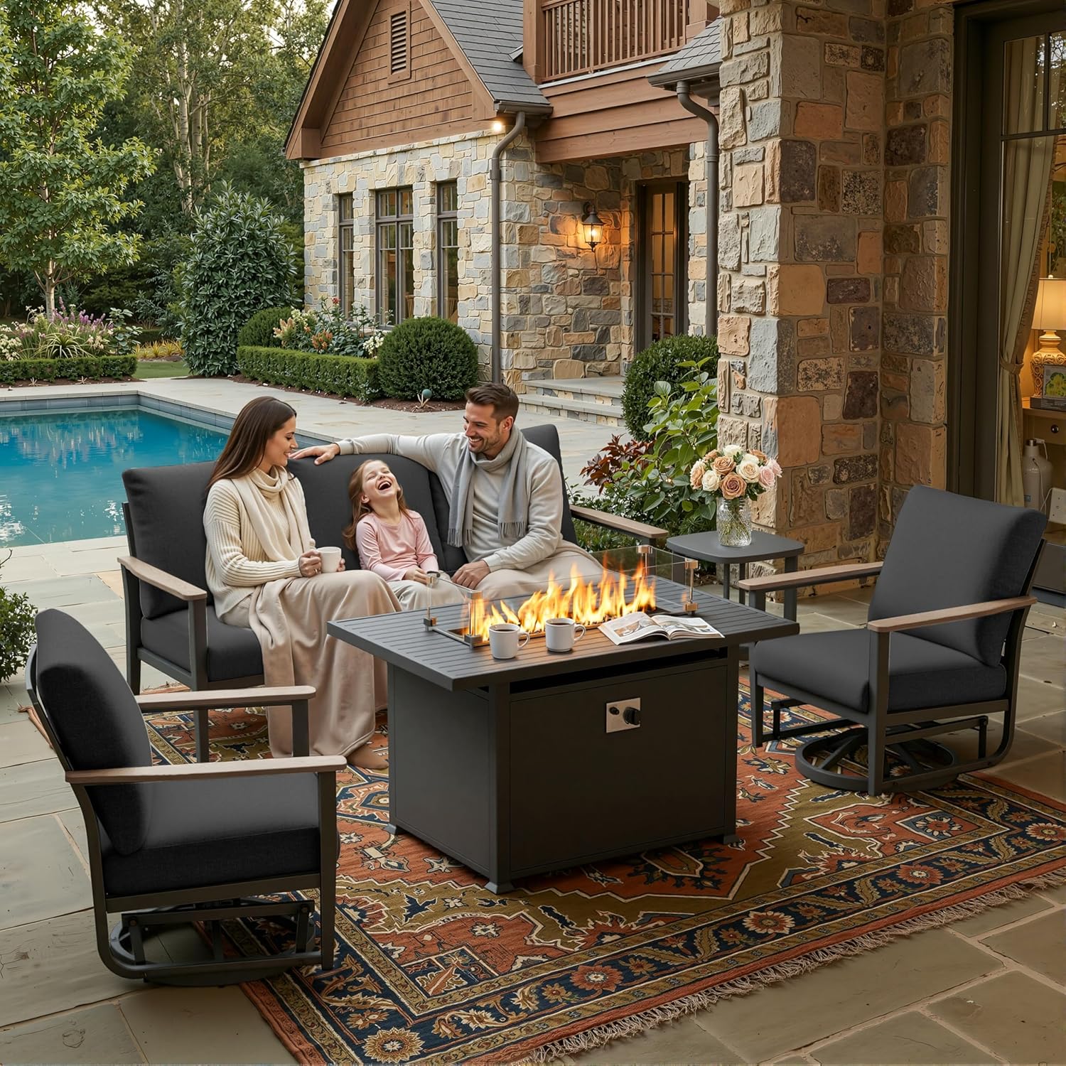 5pc Aluminum Patio Set Swivel  - Outdoor Furniture With Fire Pit incelemesi ve fiyatı